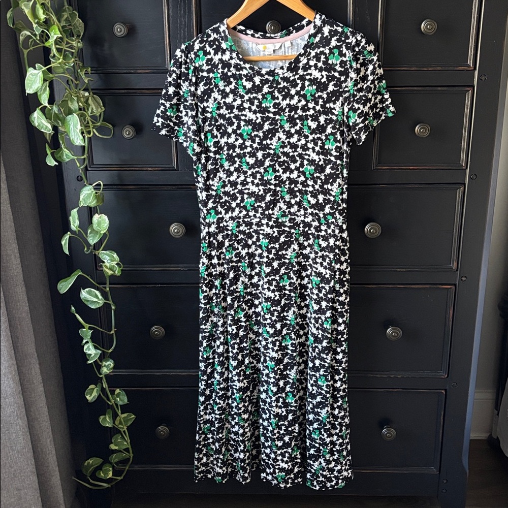 Boden Women’s 8P ‘Lucinda Jersey Midi Dress’ Black Green Clover Floral Print